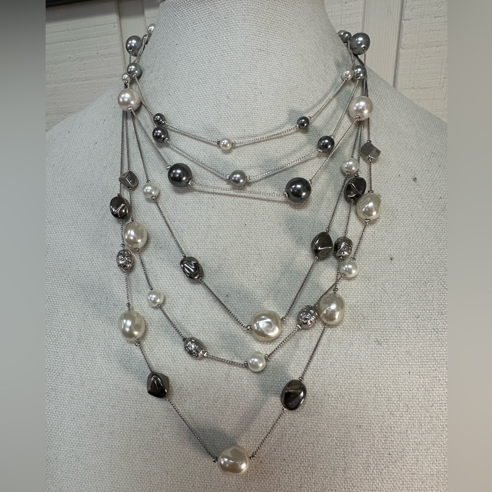Two silvertone pearl bead infinity style silvertone necklaces